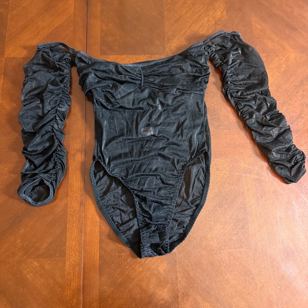 Vintage Frederick's of Hollywood Black Velvet Ruched Sleeve Bodysuit Top Y2K L‎